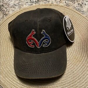 Realtree Dark Brown Hat with Vibrant Red and Blue Emblem